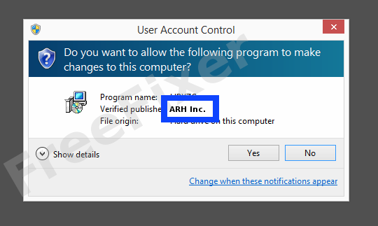 Screenshot where ARH Inc. appears as the verified publisher in the UAC dialog